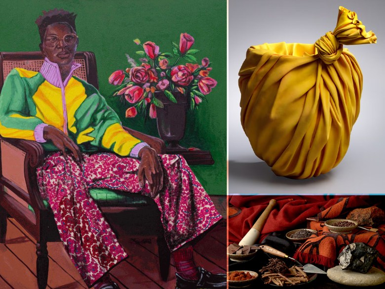 Composite image, from L to R: Joel Mamboka, "Chilling Boy." Photo courtesy of Ella West Gallery. Tanaka Yu 田中悠, "Bag Work." Photo courtesy of the Ackland Art Gallery. Photo from "Seeing Red," courtesy of the North Carolina Museum of Art/Christopher Ciccone.