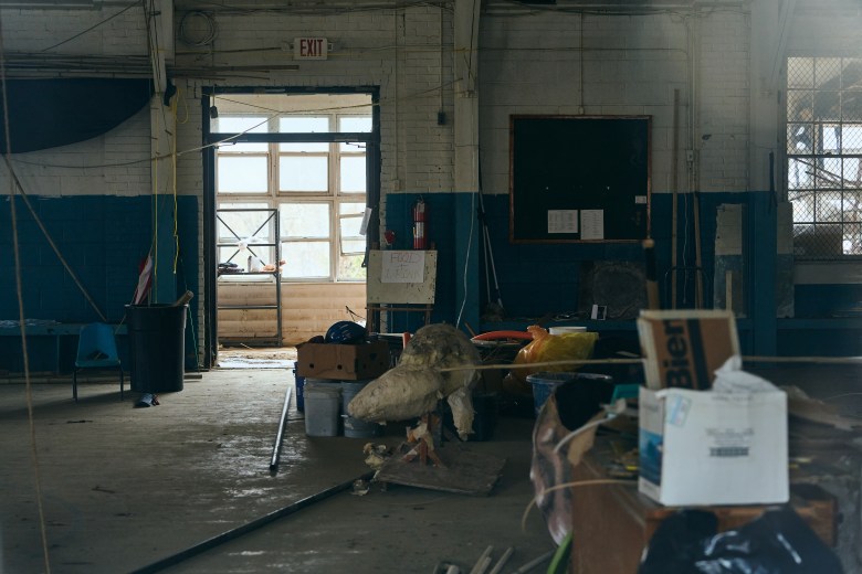 The former home of Paperhand Puppet Intervention sits next to the Haw River, which flooded the town of Saxapahaw, NC, during Tropical Storm Chantal in July 2025. Photo by Matt Ramey. 