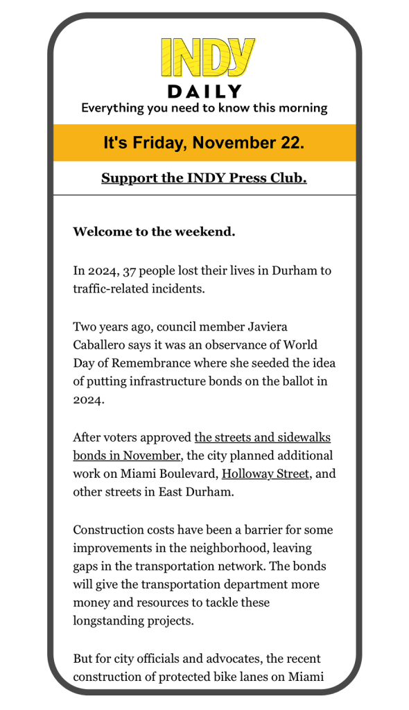Image of a mobile device with a recent edition of the INDY Daily newsletter on the screen